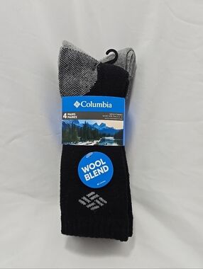 NWT Columbia Men's Wool Blend Crew Length Cushioned 4 Pair Socks Black Grey